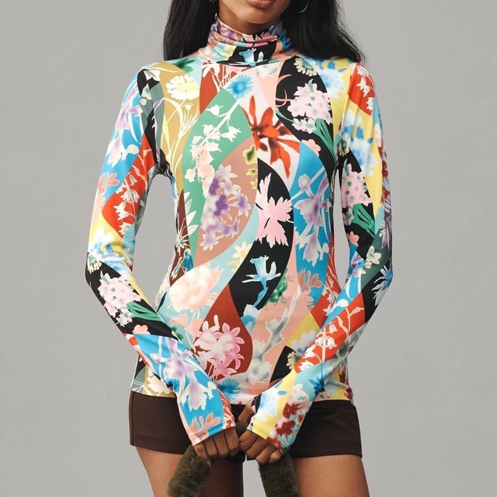 Essentiel Antwerp Turtleneck Top Abstract Multicolor Long Sleeve Size 2 / US 6
